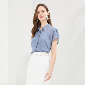 QF23A斯尔丽瑟俪2021秋季精致烫钻领型小小花苞袖女人味十足衬衣