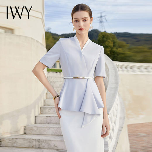 IWY/蓝色医美西装半裙女夏季薄款短袖职业套裙前台接待工作服olC1544+S1542 商品图3