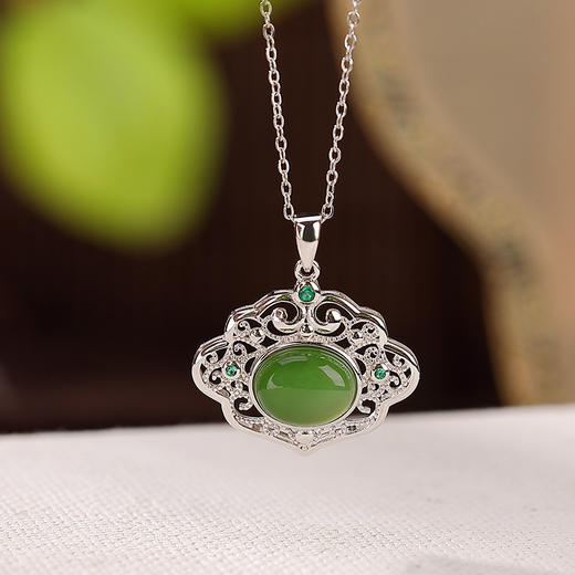 S925纯银镀金和田玉碧玉复古气质吉祥如意花丝镂空项链CW 商品图1