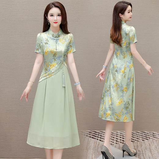 QYM-SL28159中式连衣裙夏季新款复古改良旗袍裙假两件拼结时尚印花中长裙 商品图2