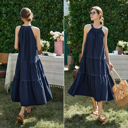 OLrain欧芮儿法式挂脖连衣裙女夏季2024年新款慵懒宽松复古牛仔裙 商品图4