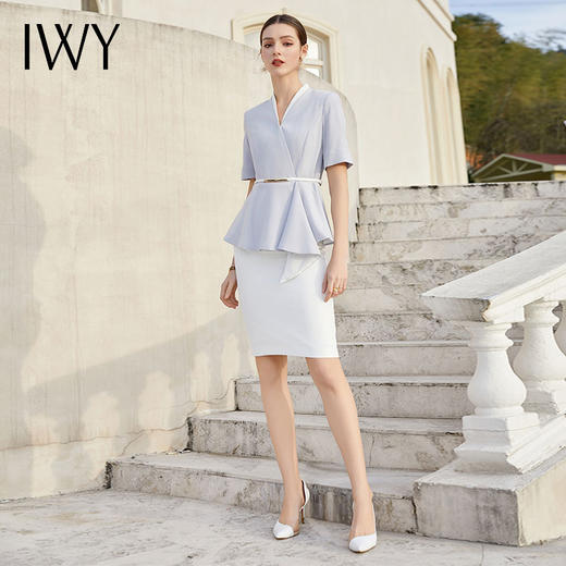 IWY/蓝色医美西装半裙女夏季薄款短袖职业套裙前台接待工作服olC1544+S1542 商品图2
