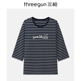 Threegun三枪 彩条冰泉棉印花圆领八分袖女衫-24380A011