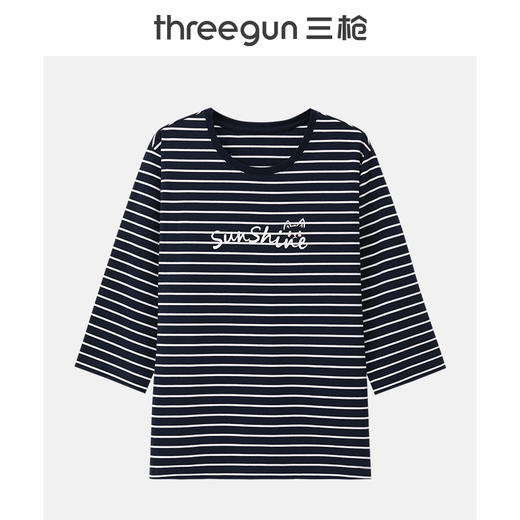 Threegun三枪 彩条冰泉棉印花圆领八分袖女衫-24380A011 商品图0