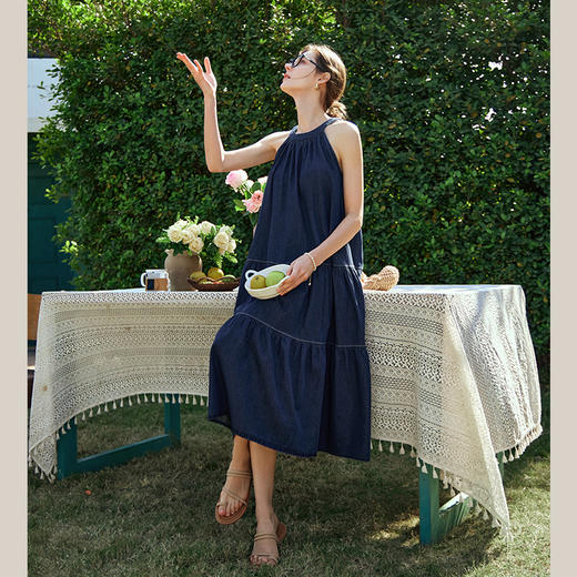 OLrain欧芮儿法式挂脖连衣裙女夏季2024年新款慵懒宽松复古牛仔裙 商品图2