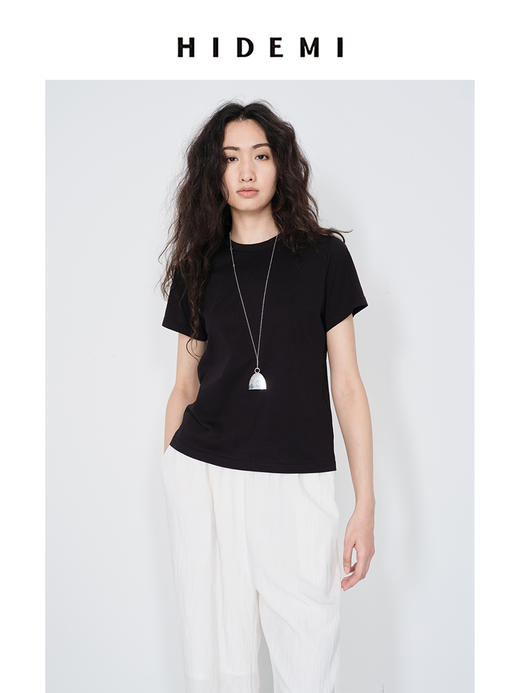 HIDEMI 极简小圆领水洗棉针织自然透气感短款短袖t恤 军绿色/黑色/白色/燕麦色 商品图5