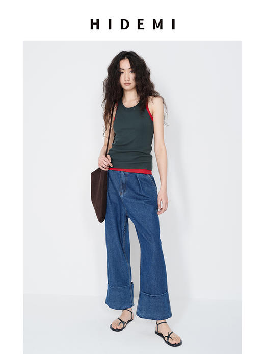 HIDEMI 极简圆领设计感针织坑条弹力工字背心 艺术灰蓝/浅米色/白色 商品图9