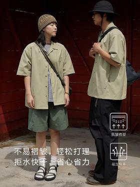 步履不停/4B11158C/古巴领翻领绿色短袖衬衫外套