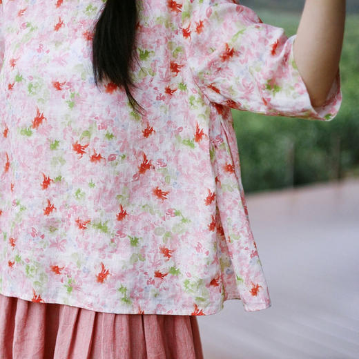 * 绽放252朵/荼蘼水彩碎花高支亚麻七分袖套头宽松休闲旅游穿搭衬衫 商品图3