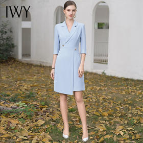 IWY/气质蓝色主持人连衣裙女职业装夏季套裙西装裙子高级感医美工作服Q1106