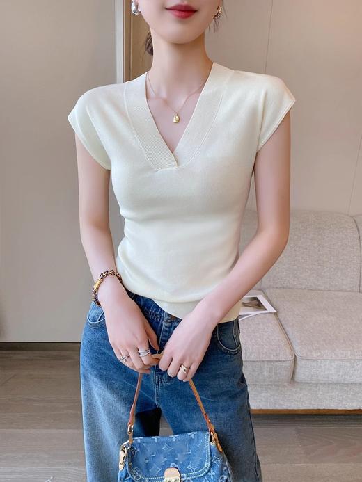 冰丝针织衫打底衫女薄款夏季新款V领时尚气质短袖修身飞飞袖上衣_HLY 商品图3