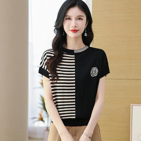 FCY-12316黑白条纹冰丝短袖T恤女夏夏季设计感小众洋气薄款体恤上衣针织衫