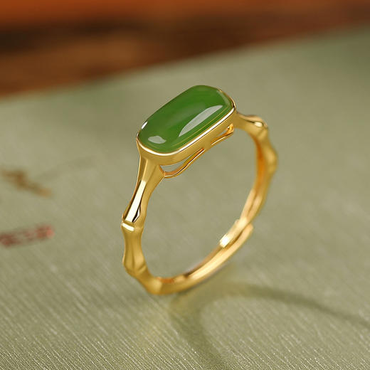 S925纯银镀金和田玉碧玉竹节椭圆戒指CW 商品图1