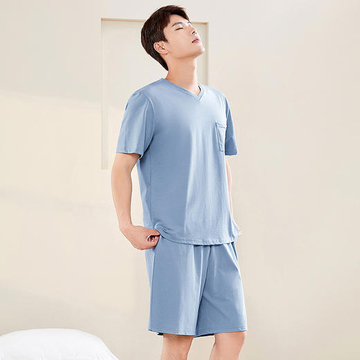 【100%棉】夏季休闲纯棉V领短袖男士睡衣家居服套装可外穿 商品图2