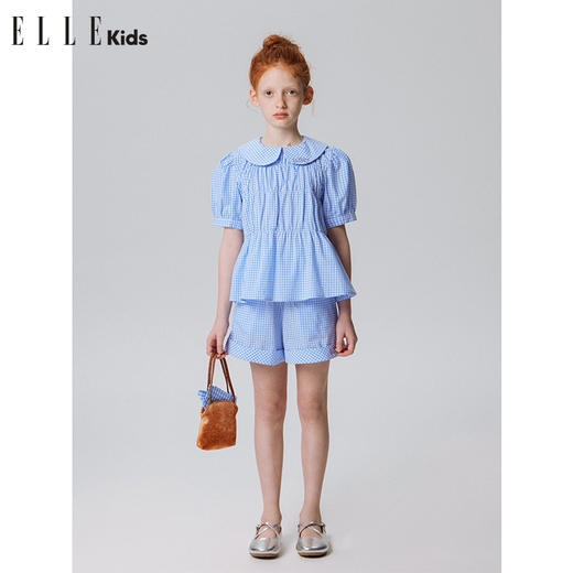 ELLEKIDS 童装 法式娃娃领格纹小衫短裤套装 商品图1