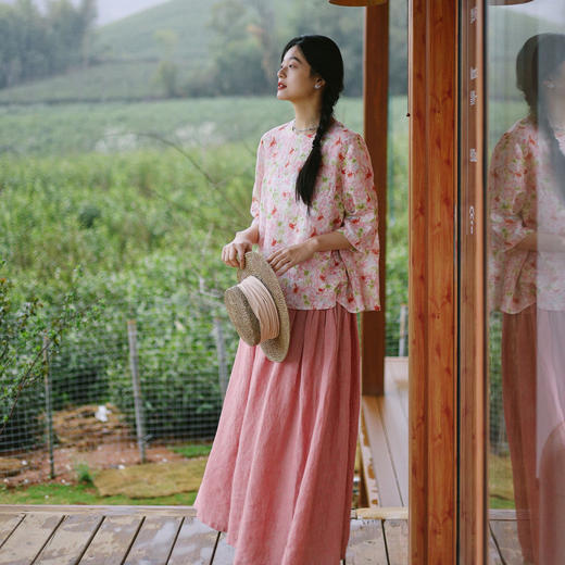 * 绽放252朵/荼蘼水彩碎花高支亚麻七分袖套头宽松休闲旅游穿搭衬衫 商品图2