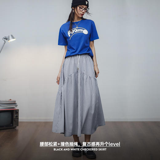 马登复古黑白格半身裙气质a字裙长款显瘦伞裙不规则设计百搭夏女 商品图3