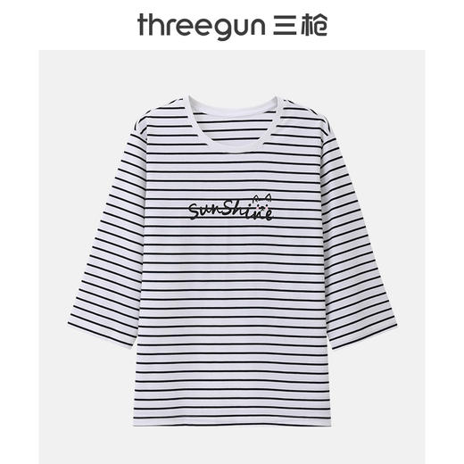 Threegun三枪 彩条冰泉棉印花圆领八分袖女衫-24380A011 商品图1