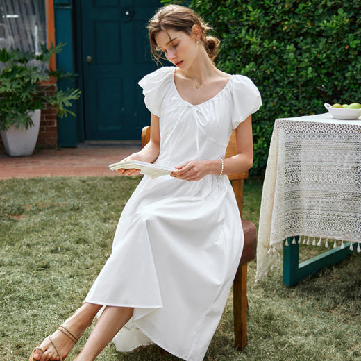 OLrain欧芮儿法式V领连衣裙女夏季2024新款白色仙气收腰显瘦长裙 商品图1