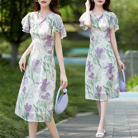 ahm-2212新中式改良V领旗袍裙夏季新款小个子时尚印花小飞袖连衣裙