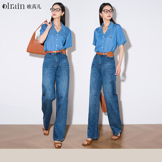 OLrain欧芮儿怀旧蓝牛仔裤女夏季2024年新款高腰直筒宽松阔腿裤 商品图0