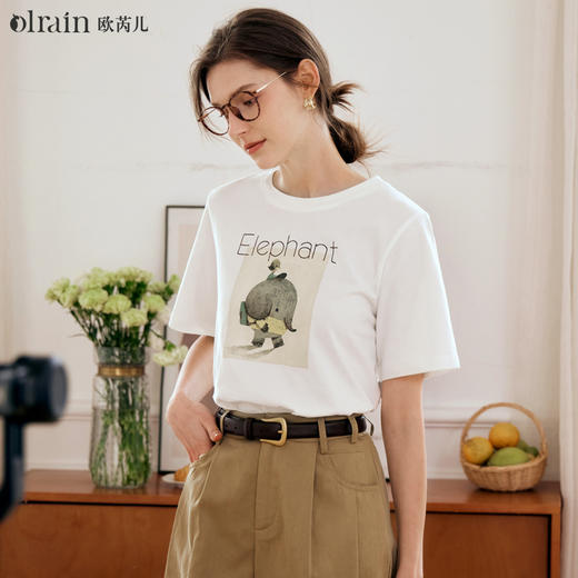 OLrain欧芮儿白色短袖T恤女夏2024新款时尚减龄宽松趣味刺绣上衣 商品图0