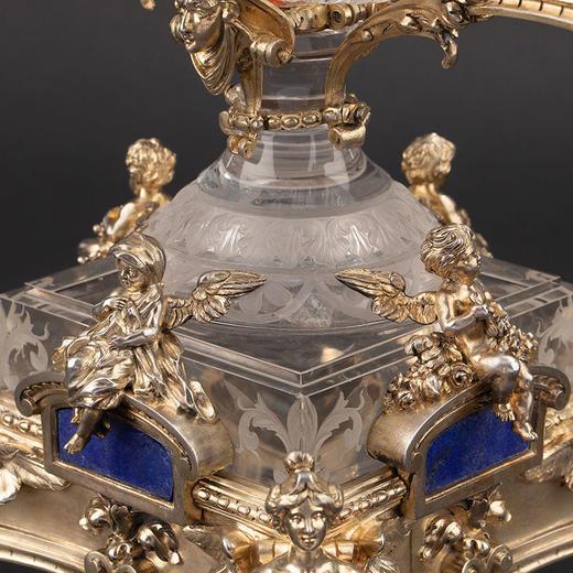 【已售】独角鹿西洋古董1880年代欧洲出品古希腊神话主题精雕银镀金托架镶嵌青金石及蚀刻水晶糖罐/餐桌摆件 商品图2