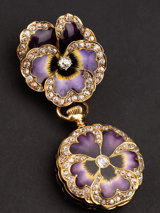 独角鹿西洋古董1900年代美国出品Thomas Kirkpatrick设计18K黄金镶嵌钻石三色堇主题珐琅怀表胸针 商品图3