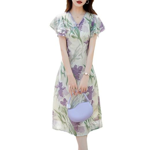 ahm-2212新中式改良V领旗袍裙夏季新款小个子时尚印花小飞袖连衣裙 商品图4