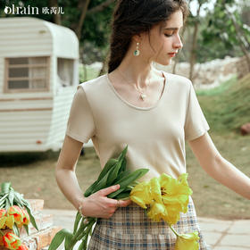 OLrain欧芮儿香草色短袖T恤女夏季2024新款时尚宽松正肩圆领上衣