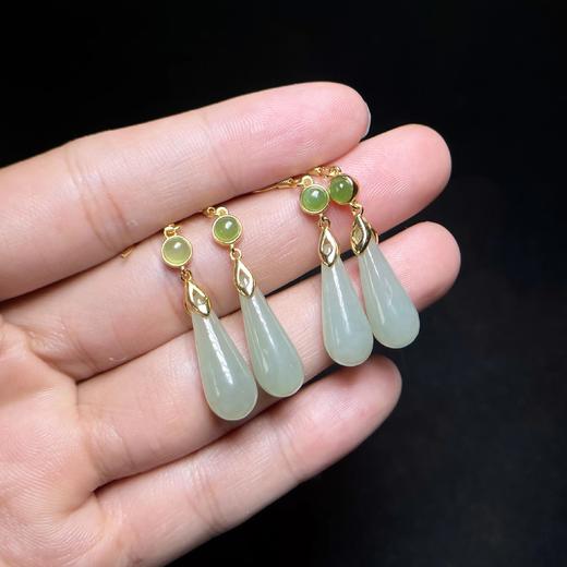和田玉耳坠-水青长水滴耳钩 商品图0