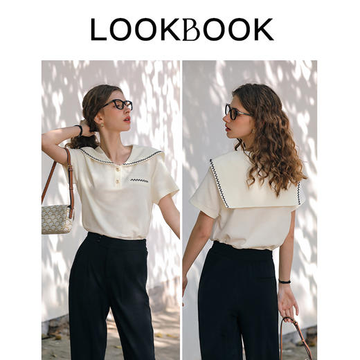 OLrain欧芮儿米白色T恤女夏季2024新款小个子时尚海军领短袖上衣 商品图4