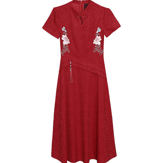 QYM-24KK59红色刺锈连衣裙夏季短袖裙复古旗袍裙中长款婚宴礼服裙 商品图4