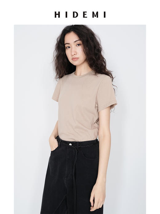 HIDEMI 极简小圆领水洗棉针织自然透气感短款短袖t恤 军绿色/黑色/白色/燕麦色 商品图4