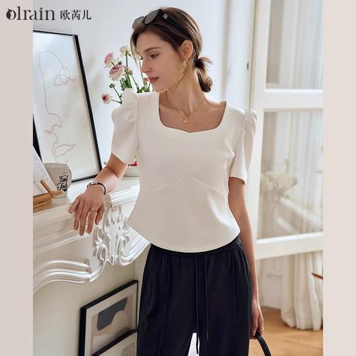 OLrain欧芮儿米白色正肩T恤女夏季2024年新款通勤百搭短袖上衣 商品图0