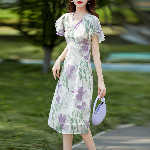 ahm-2212新中式改良V领旗袍裙夏季新款小个子时尚印花小飞袖连衣裙 商品图3