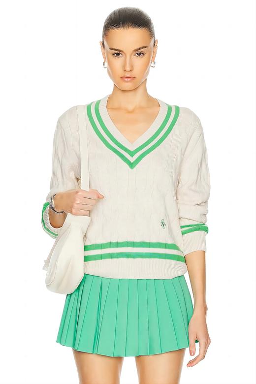 Sporty & Rich - Src Cableknit V-Neck Sweater - Cream/Clean Mint - 上衣 - 奶油色/薄荷色 商品图0