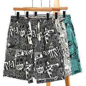 【超大码】【新款DFF】卡通涂鸦纯棉短裤男夏季薄款加肥加大过膝宽松直筒沙滩裤潮牌男裤五分裤