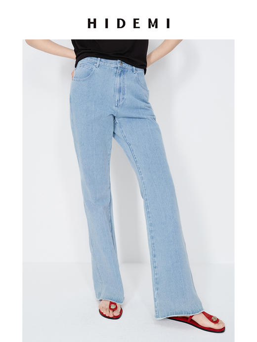 HIDEMI 经典牛仔系列水洗做旧感滚边水洗蓝微喇牛仔裤 商品图2