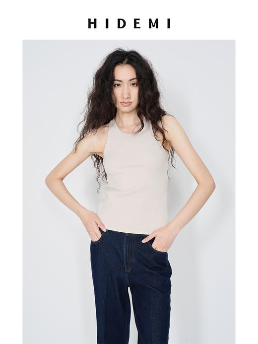 HIDEMI 极简圆领设计感针织坑条弹力工字背心 艺术灰蓝/浅米色/白色 商品图1