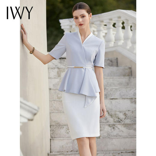 IWY/蓝色医美西装半裙女夏季薄款短袖职业套裙前台接待工作服olC1544+S1542 商品图0