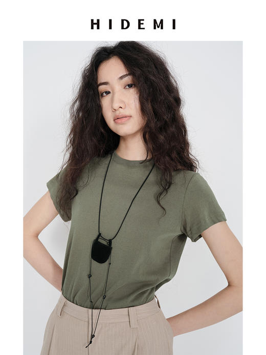 HIDEMI 极简小圆领水洗棉针织自然透气感短款短袖t恤 军绿色/黑色/白色/燕麦色 商品图8