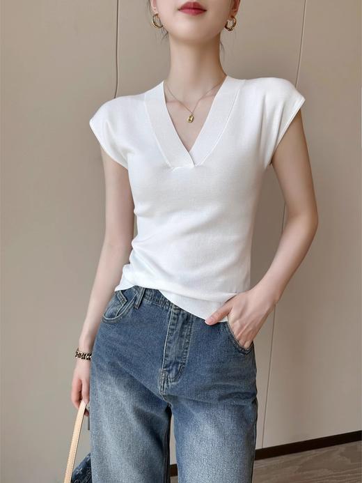 冰丝针织衫打底衫女薄款夏季新款V领时尚气质短袖修身飞飞袖上衣_HLY 商品图1