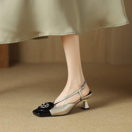 【预售5天】小香风山茶花包头凉鞋，羊皮高ji小众气质粗跟拼色女鞋HCYYHD&5327 商品图1