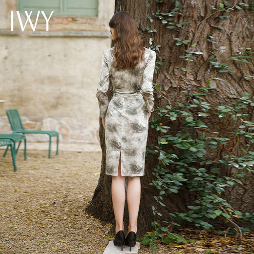 IWY/气质水墨画长袖连衣裙女春秋新中式国风长裙收腰绑带连身裙子Q1072 商品图4