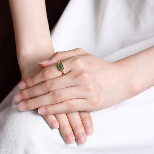 S925纯银镀金和田玉碧玉竹节椭圆戒指CW 商品图3