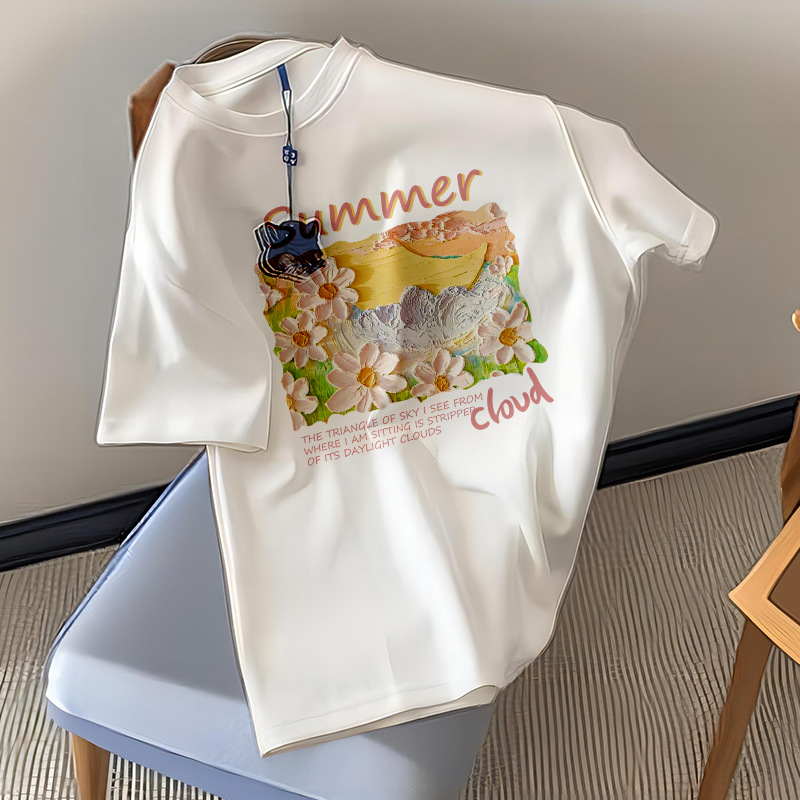 【69.9/任选2件】港风新款重磅纯棉质感短袖t恤女，夏季复古高级感别致漂亮情侣上衣-QQ