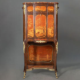 独角鹿西洋古董1850-1870年代法国拿破仑三世时期出品铜鎏金雕饰贵族游乐主题细木镶嵌大理石饰面秘书柜