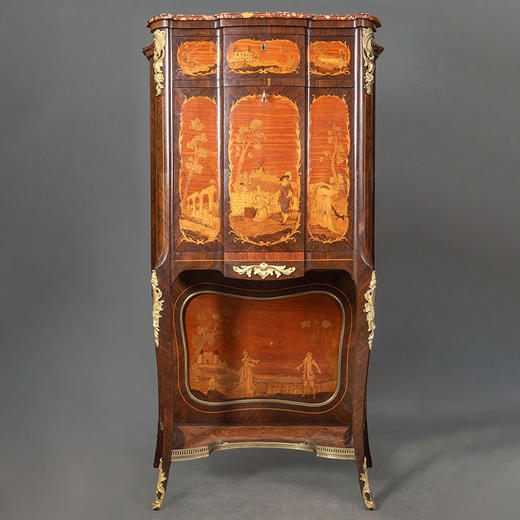独角鹿西洋古董1850-1870年代法国拿破仑三世时期出品铜鎏金雕饰贵族游乐主题细木镶嵌大理石饰面秘书柜 商品图0