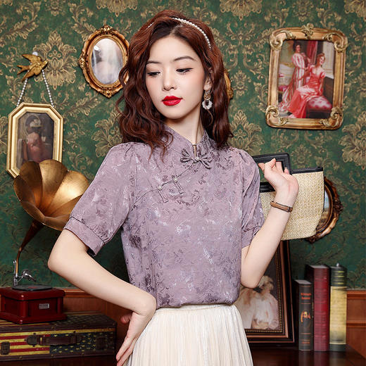 KQLE324N9818 改良旗袍衬衣女2024夏季新款短袖新中式名媛气质小众轻奢打底上衣 商品图3